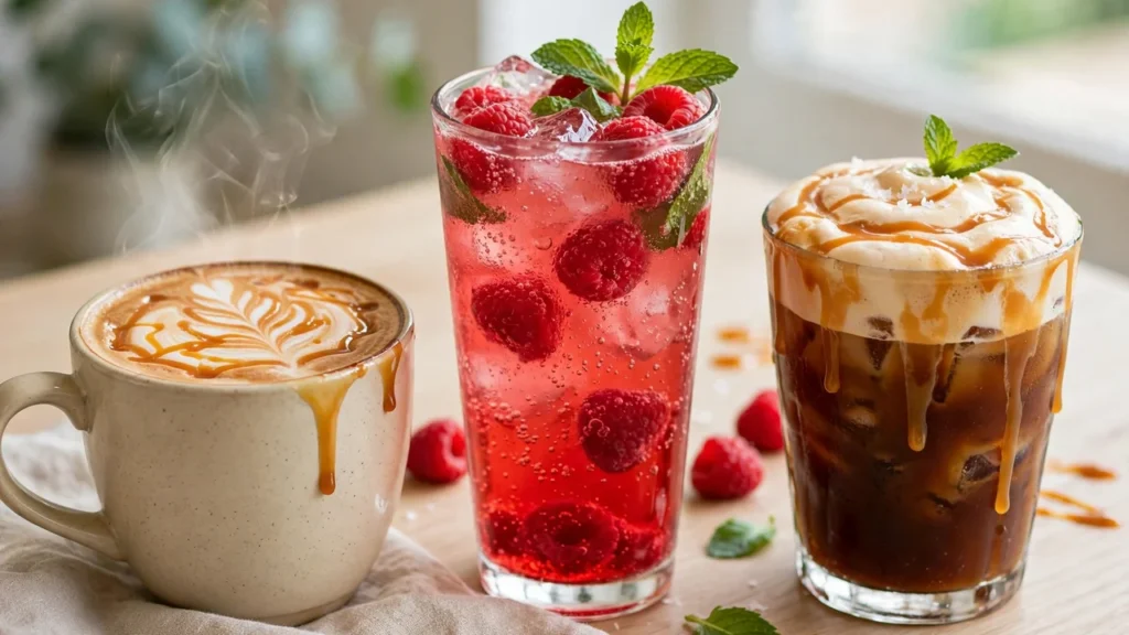 Three popular ways to use Torani syrups: salted caramel cold brew, raspberry Italian soda, and caramel latte