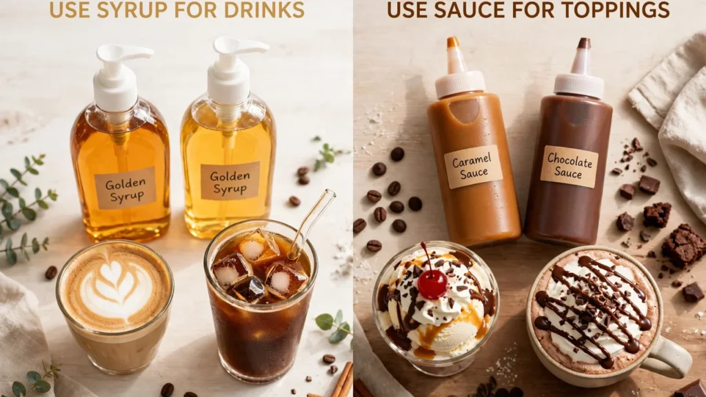 When to use Torani sauce vs syrup: syrup bottles beside iced coffee and lattes, sauce squeeze bottles beside a dessert sundae and mocha with drizzle