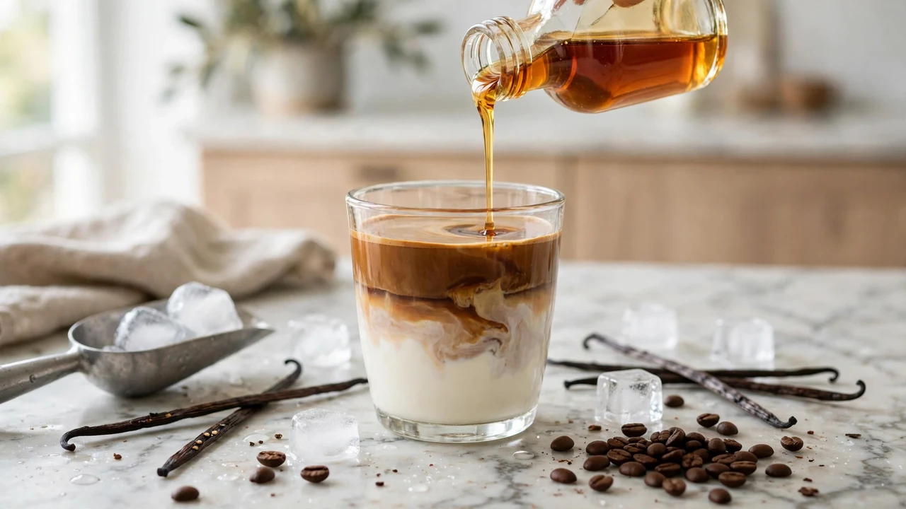 Homemade copycat Starbucks vanilla latte being assembled with Torani vanilla syrup poured over layered espresso and milk