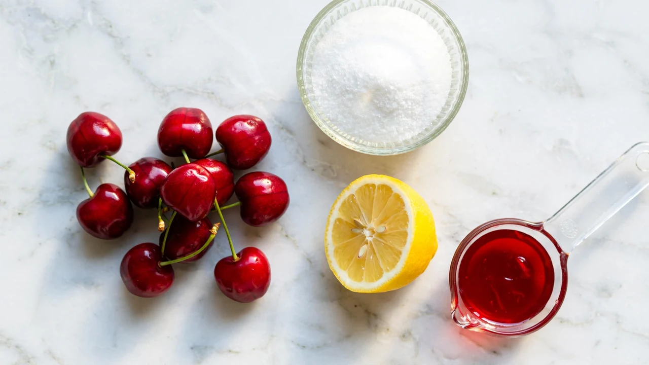 Flat-lay of Torani Cherry Syrup ingredients: cane sugar, cherries, and nutrition label concept