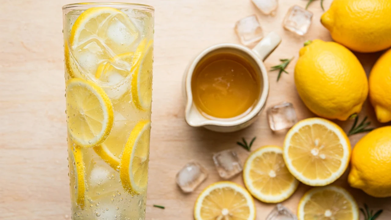 Sparkling lemon Italian soda made with Torani Lemon Syrup, garnished with lemon wheels