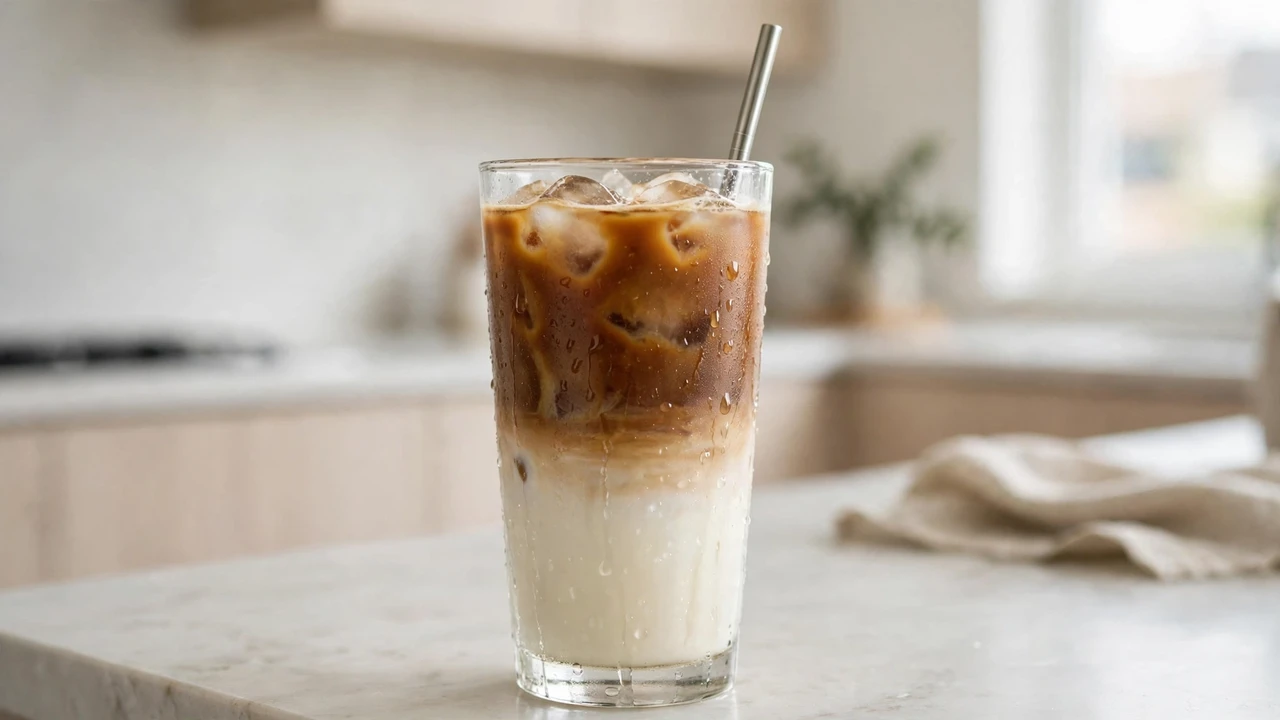 Iced vanilla latte made with keto-friendly Torani sugar-free syrup over ice on a bright kitchen counter
