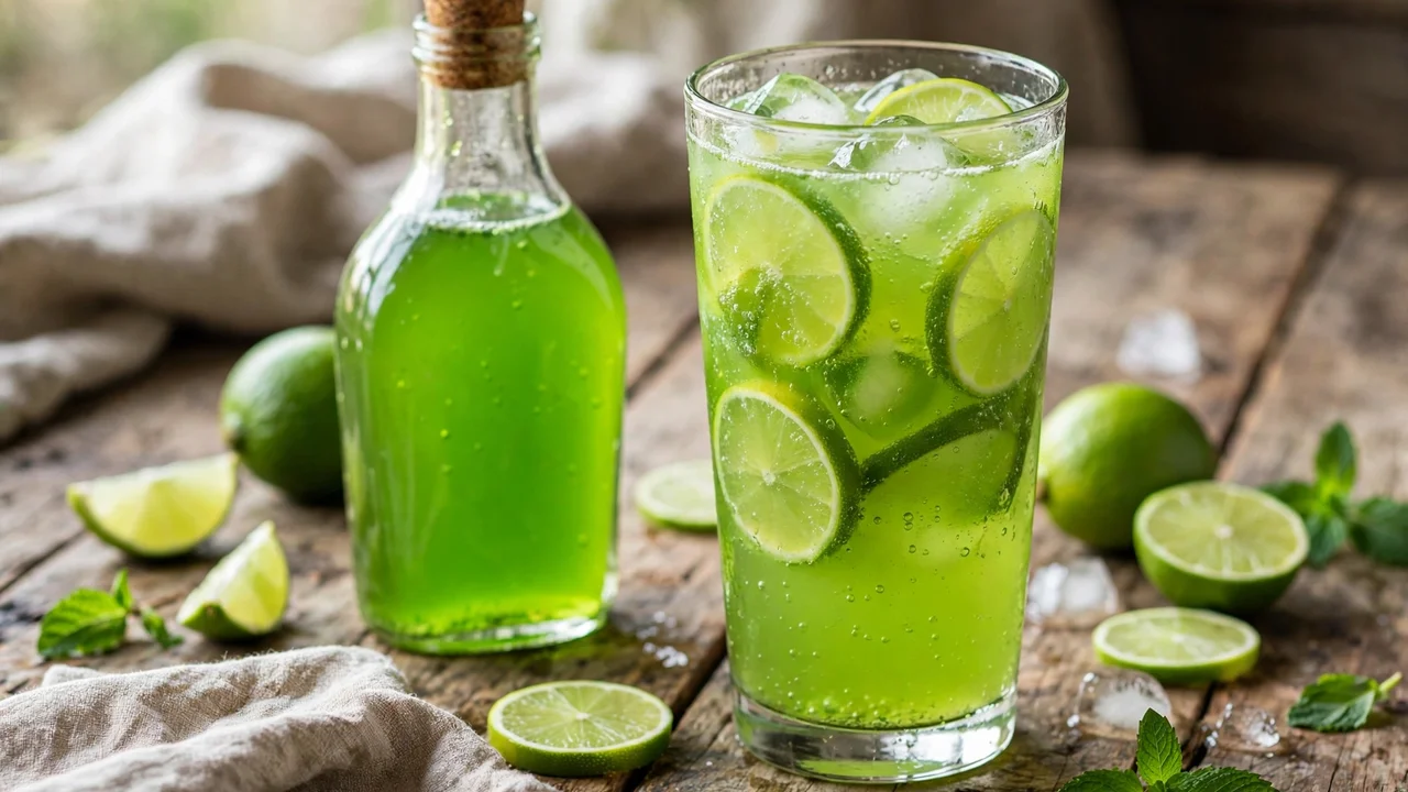 How to make limeade with Torani Lime Syrup — 2 tablespoons syrup, cold water, ice, fresh lime