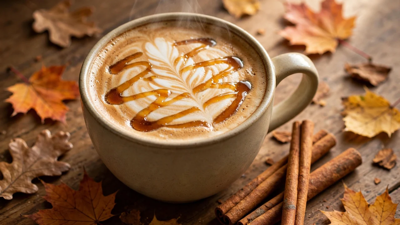 Hot Torani maple latte with syrup drizzle, cinnamon sticks and autumn leaves on a wooden table