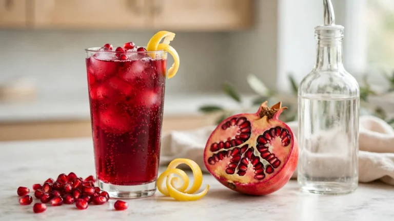 Tall glass of deep red Torani Pomegranate Syrup Italian soda with ice, pomegranate arils and a lemon twist