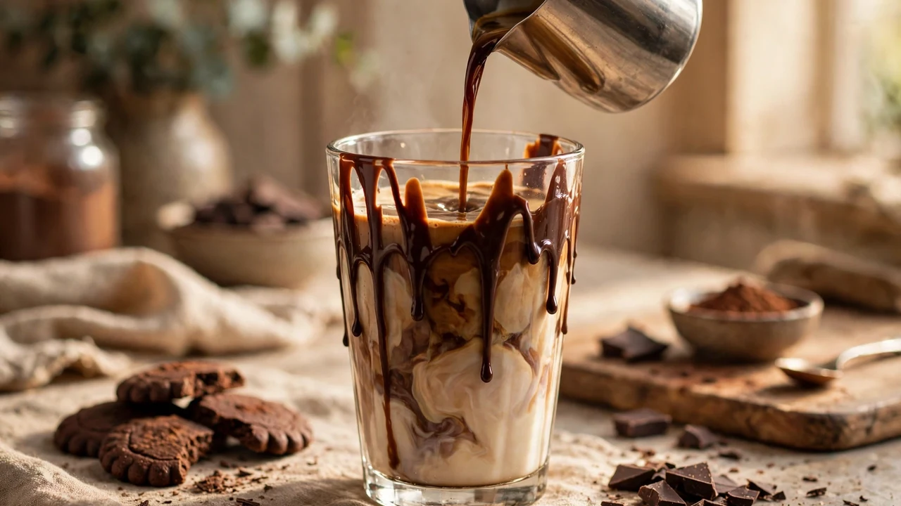 Pouring Torani Chocolate Milano Syrup into steamed milk for a chocolate Milano latte