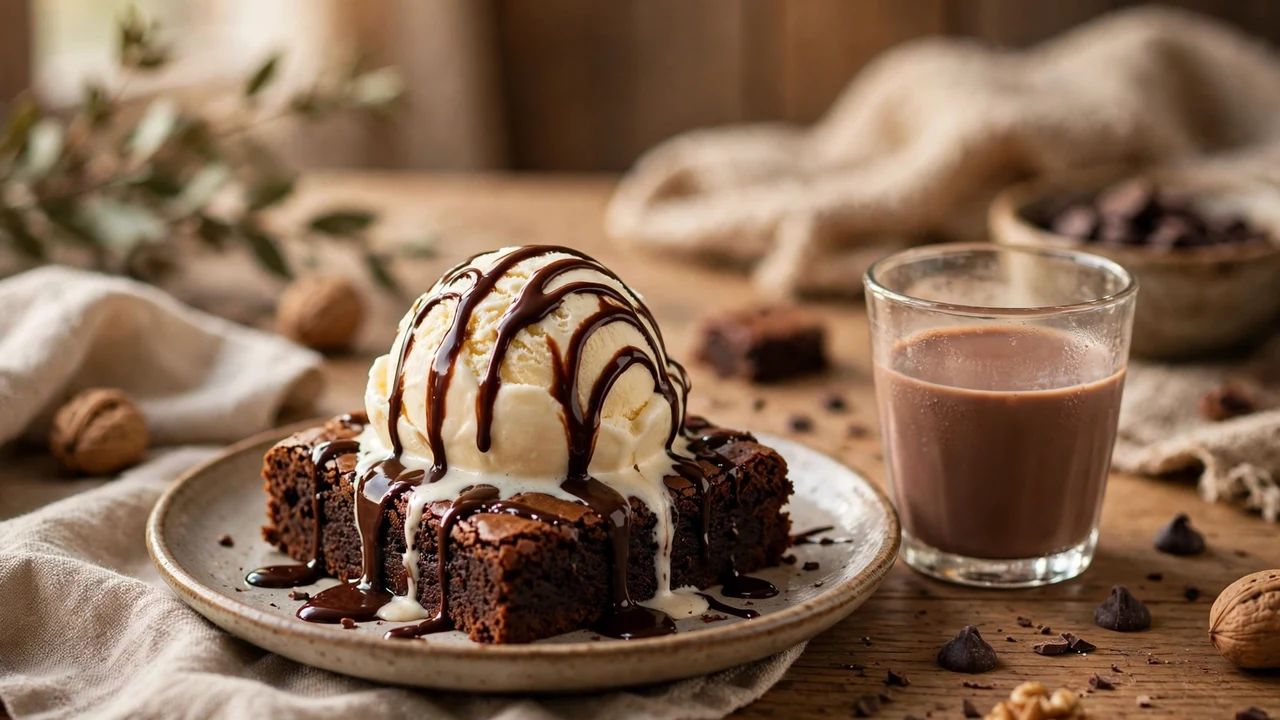Torani Chocolate Milano Syrup drizzled over vanilla ice cream and a warm brownie