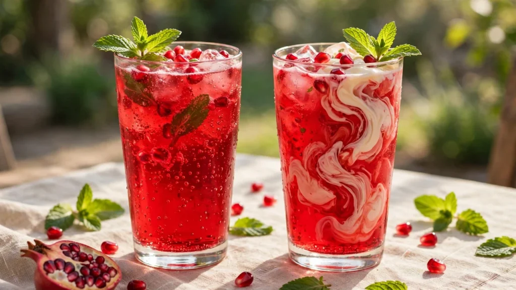 Torani Pomegranate Syrup: Taste, Recipes & Price 1 Two glasses of sparkling pomegranate Italian soda, one with cream swirling, garnished with pomegranate seeds and mint