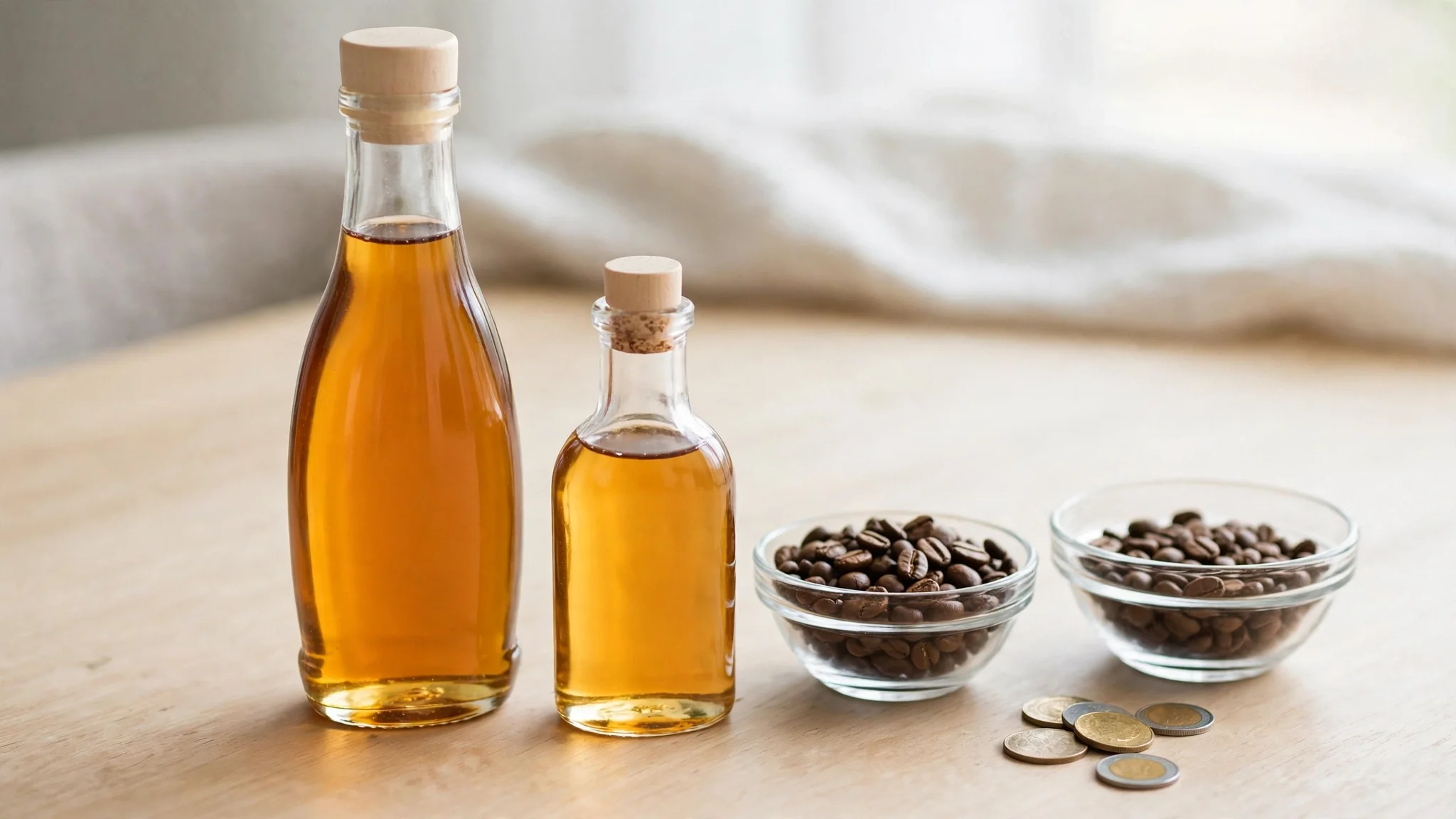 Glass syrup bottles and iced lattes with coffee beans — Torani vs Starbucks syrup price comparison