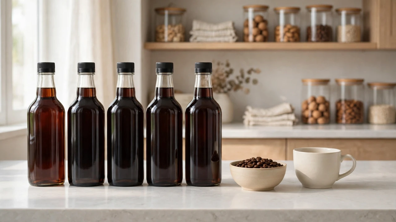 Lineup of sugar-free Torani syrup bottles on a keto-friendly kitchen counter with coffee beans and a coffee cup