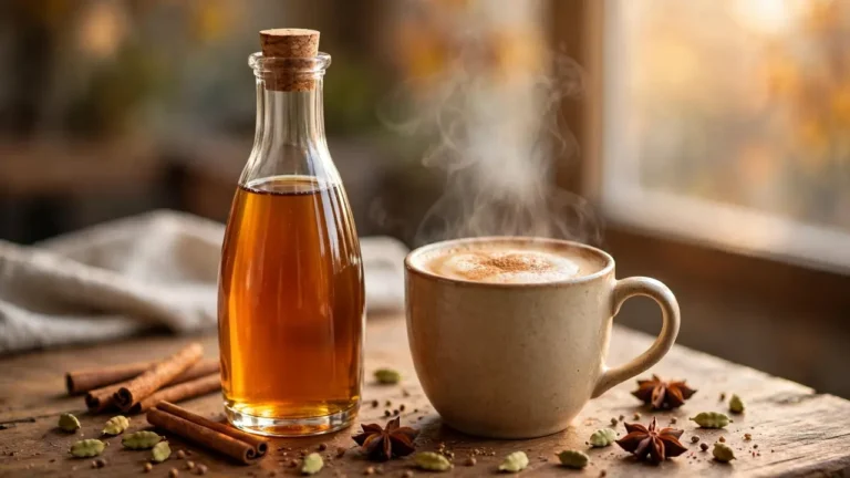 Bottle of chai tea syrup beside a steaming homemade chai latte with cinnamon and spices