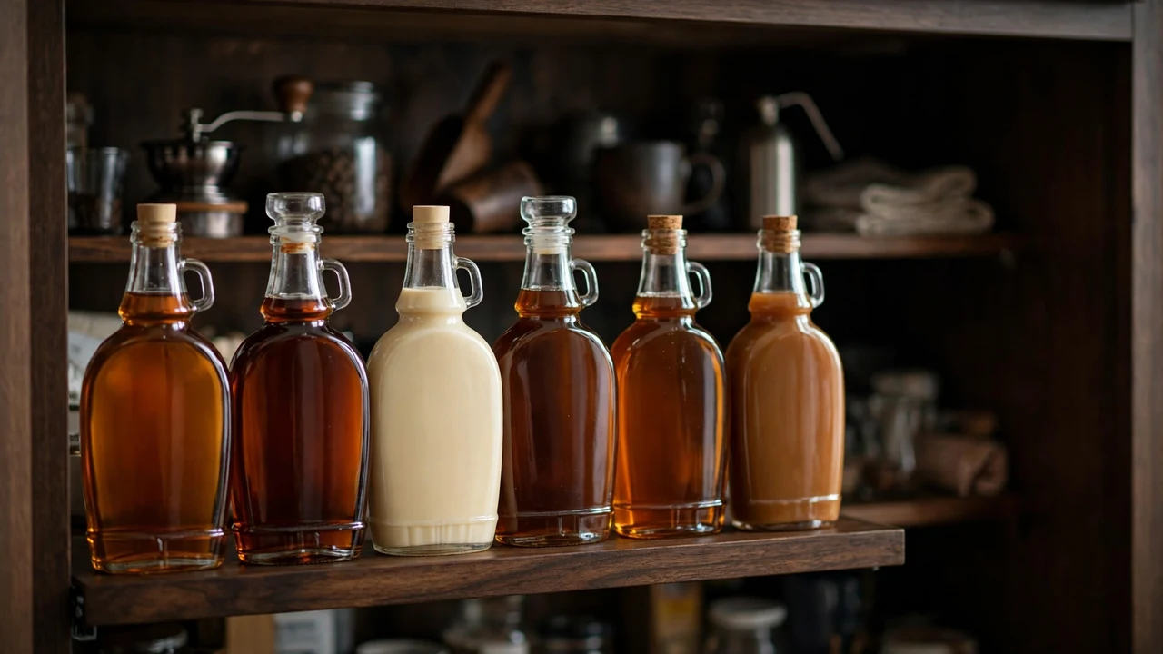 Torani syrup bottles stored upright on a pantry shelf away from heat and sunlight